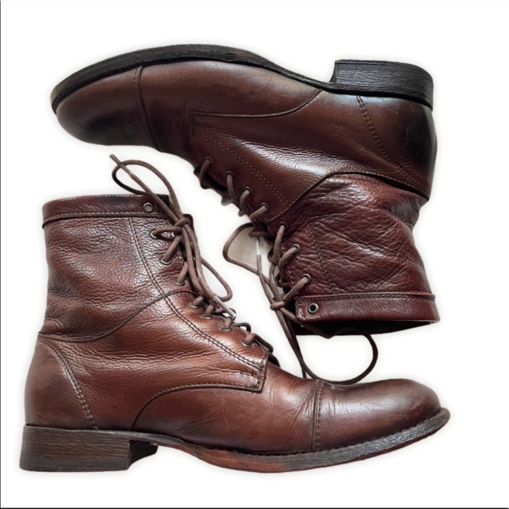 Frye Lace Up Flat Leather Boots Brown Size 9